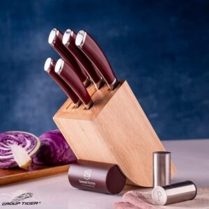 جروب تايجر – طقم سكاكين 6 قطع مع حامل خشب – أحمر