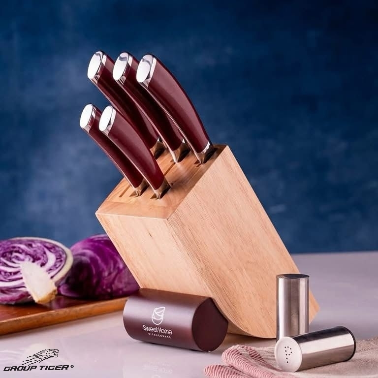 جروب تايجر – طقم سكاكين 6 قطع مع حامل خشب – أحمر